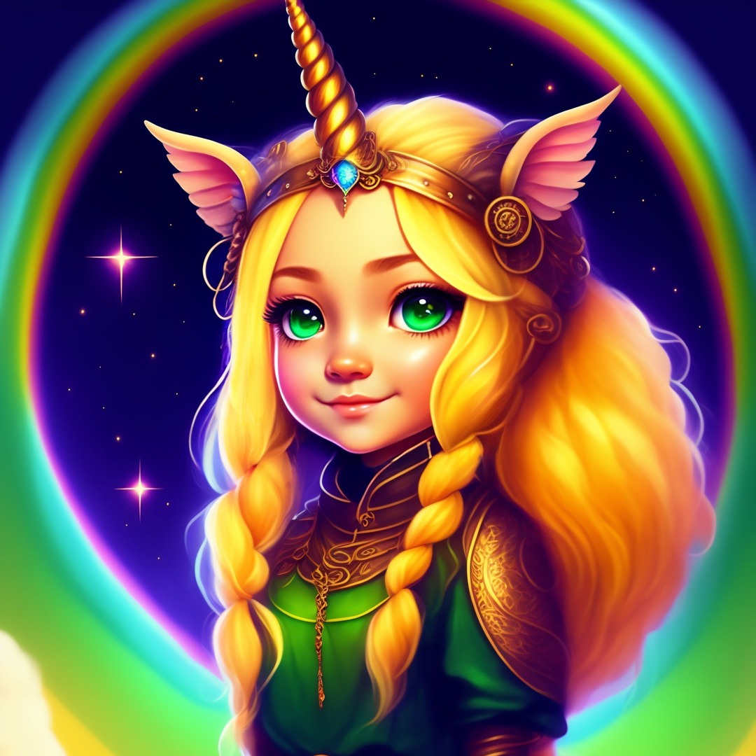 Fantasy-style illustration of Whimzee with long golden braided hair, bright green eyes, and a gentle smile. She wears a golden unicorn horn crown with blue gem, armored shoulder plates, and a green dress. Her headband includes elf-like ears. A vibrant rainbow arches behind her against a starry night sky, creating a magical, glowing atmosphere.